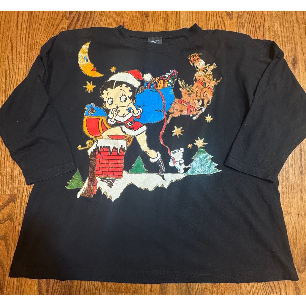 Vintage Betty Boop Christmas Moon Dance Black Long‎ Sleeve T-Shirt One Size USA